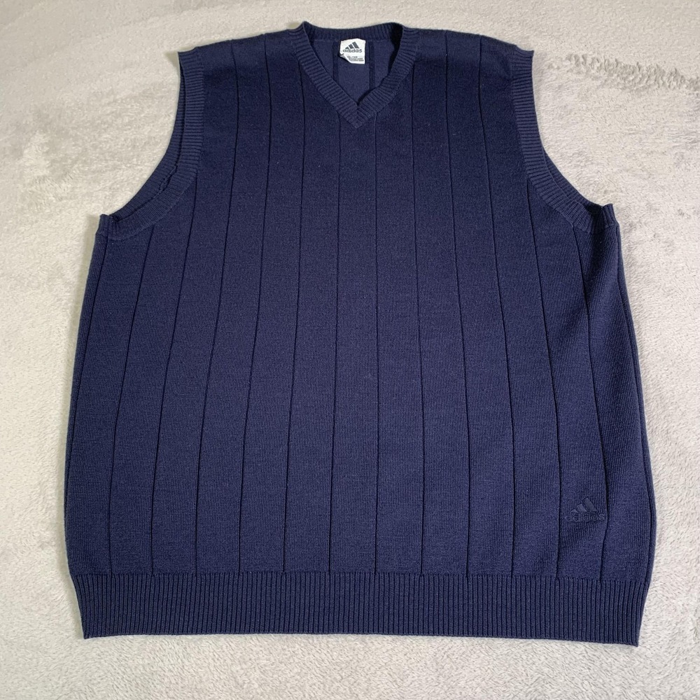 Vintage Adidas Sweater Vest Mens XL Blue V‎ Neck 100% Wool Rib Knit Logo 80s 90s
